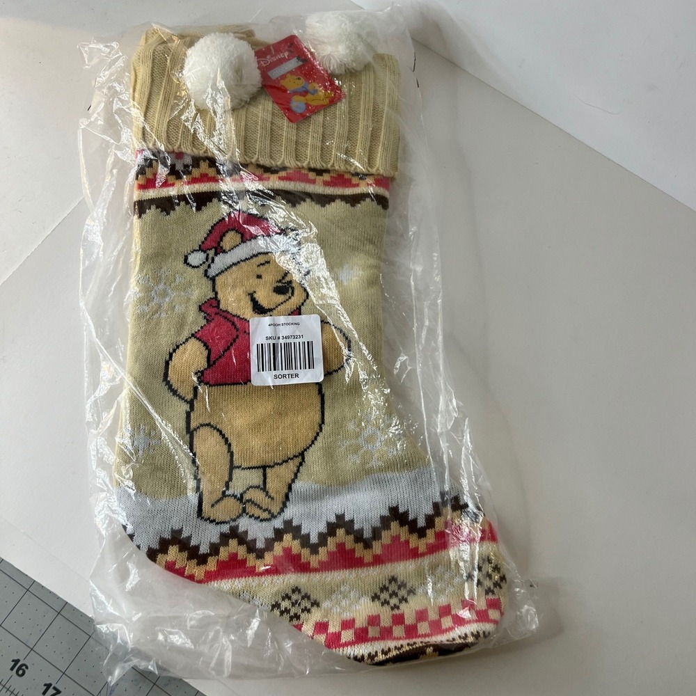 Disney The Pooh Sweater Knit Christmas Stocking Tan Brown Red 16" NIPโ